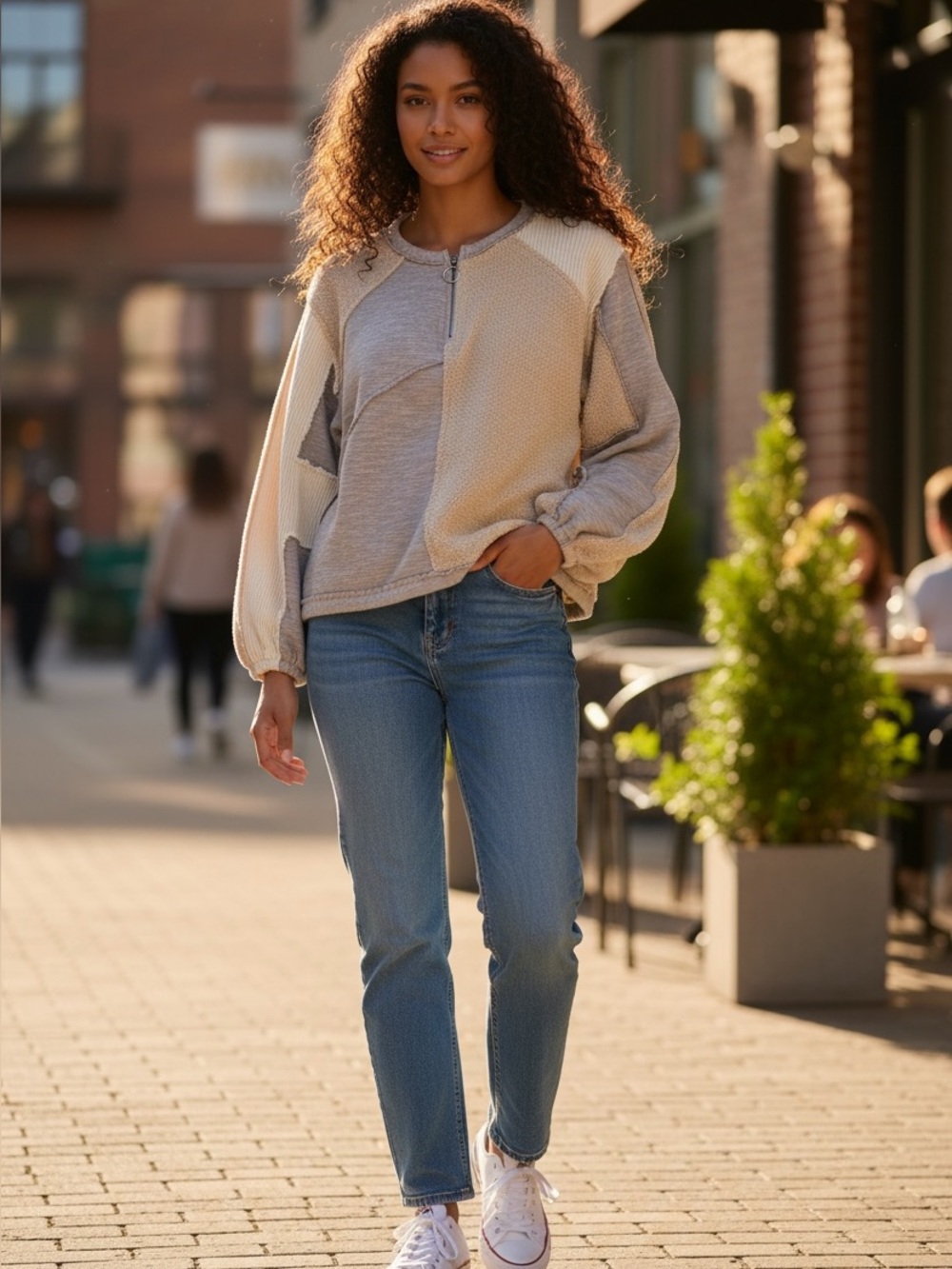 POL Two-Tone Taupe and Beige Mixed-Knit Zip Cardigan